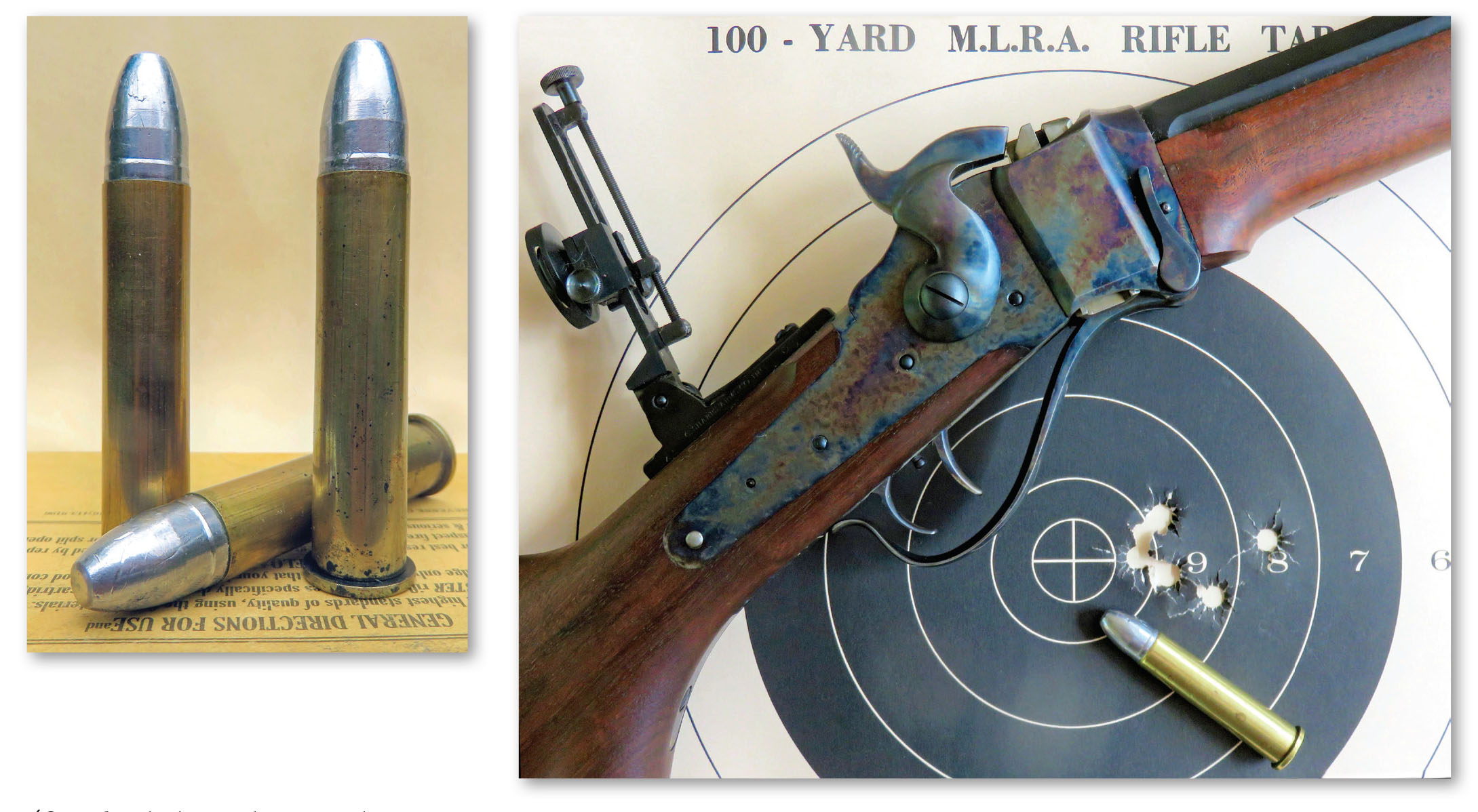 Three loaded .45-70 rounds (above) with the new Accurate bullet. This 100-yard group (right) with 46-413N measures just under 2 inches.